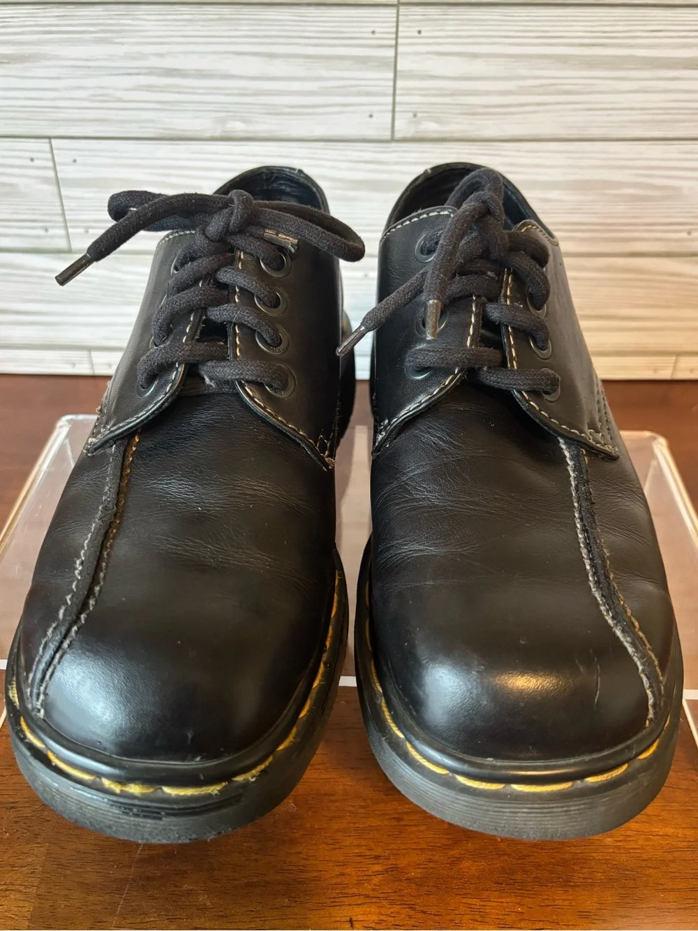 Black Leather, Men’s Doc Martens Shoes with Yellow Stitching